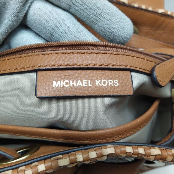 Michael Kors Junie Brown Chevron Woven Leather Drawstring Flap Closure Backpack - Picture 7 of 16